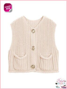 Crochet Knit Sweater Vest Button Down Sleeveless Crew Neck Loose Fit